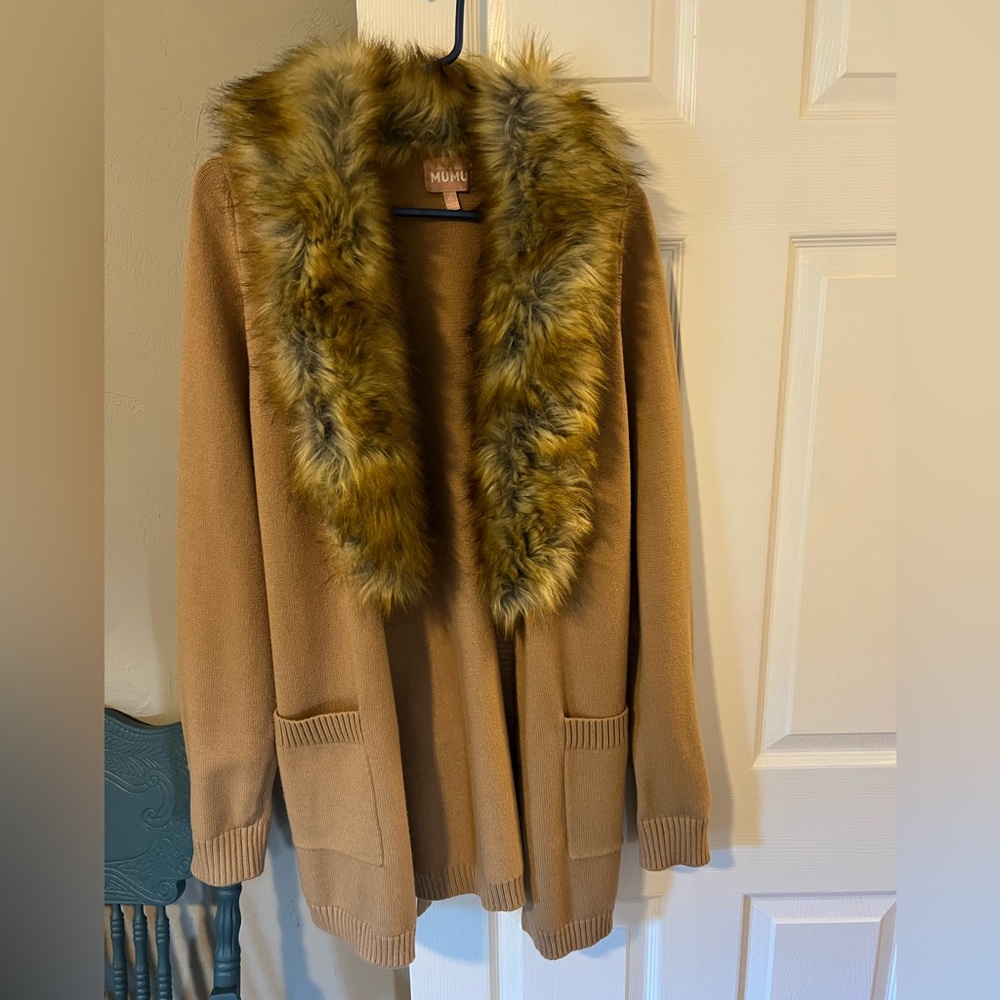 Show Me Your MuMu Brown tie cardigan with faux fur collar. EUC. Size XL
